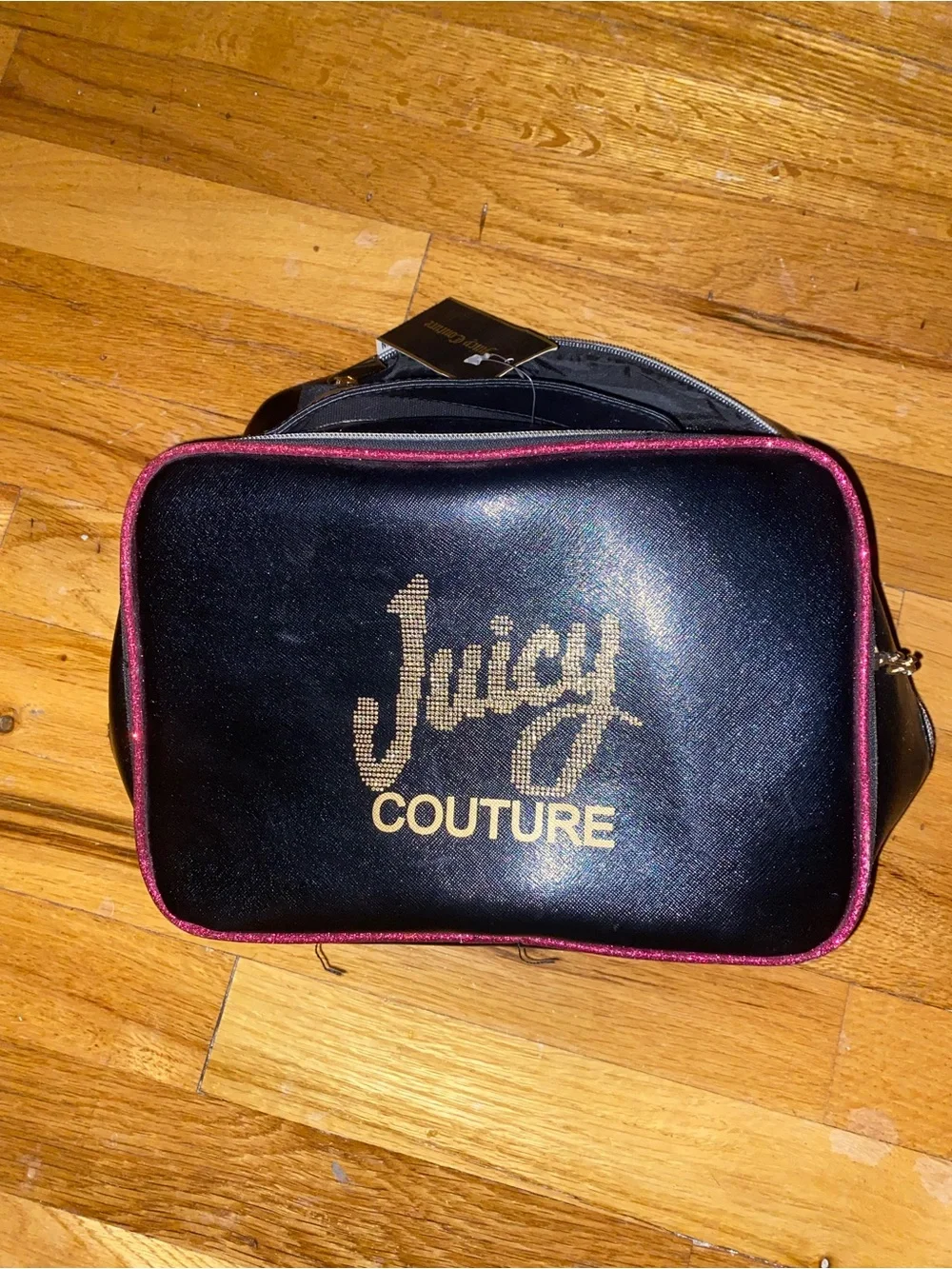 Juicy Couture Black Cosmetic Bag with Pink Trim and Gold Logo
